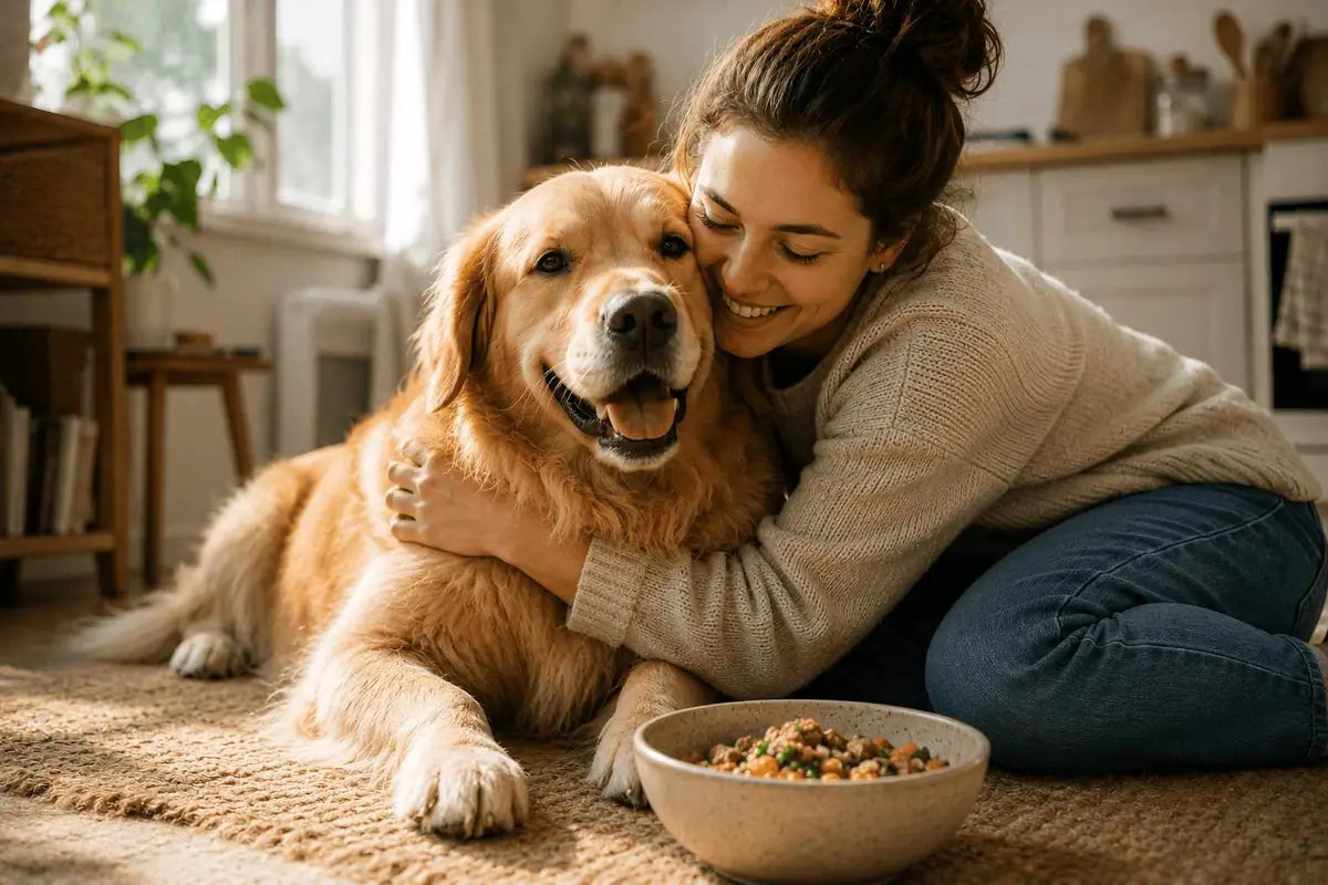 Mujer abrazando a su perro junto a su comida